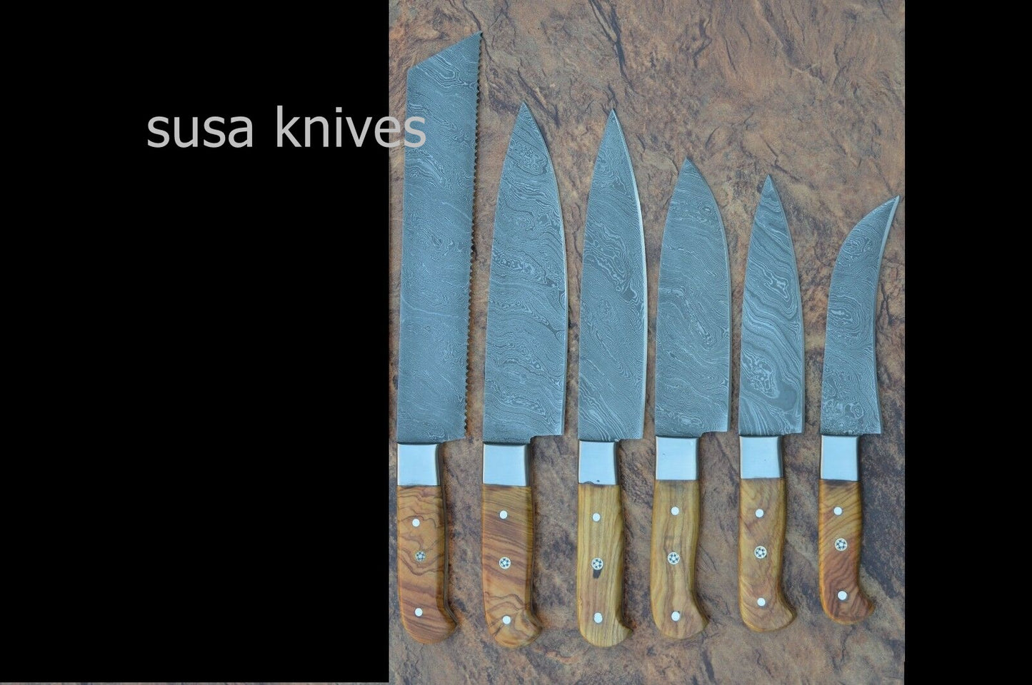 Damascus steel 6 piece CHEF KNIFE SET, OLIVE WOOD handle - SUSA KNIVES