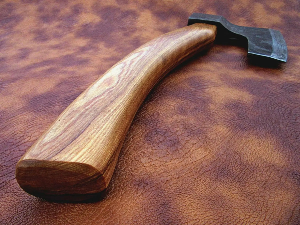 HANDMADE DAMASCUS STEEL TACTICAL HATCHET AXE WALNUT WOOD WITH LEATHER SHEATH - SUSA KNIVES