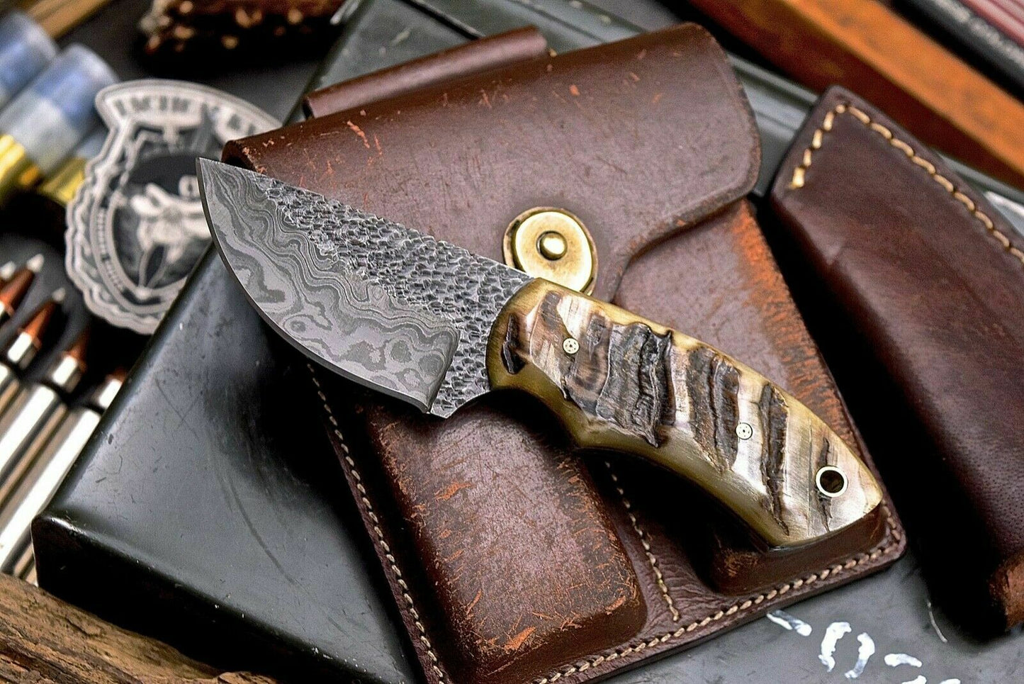 Handmade Twist Damascus Custom Sheep Horn Small Skinning Hunting Knife - SUSA KNIVES
