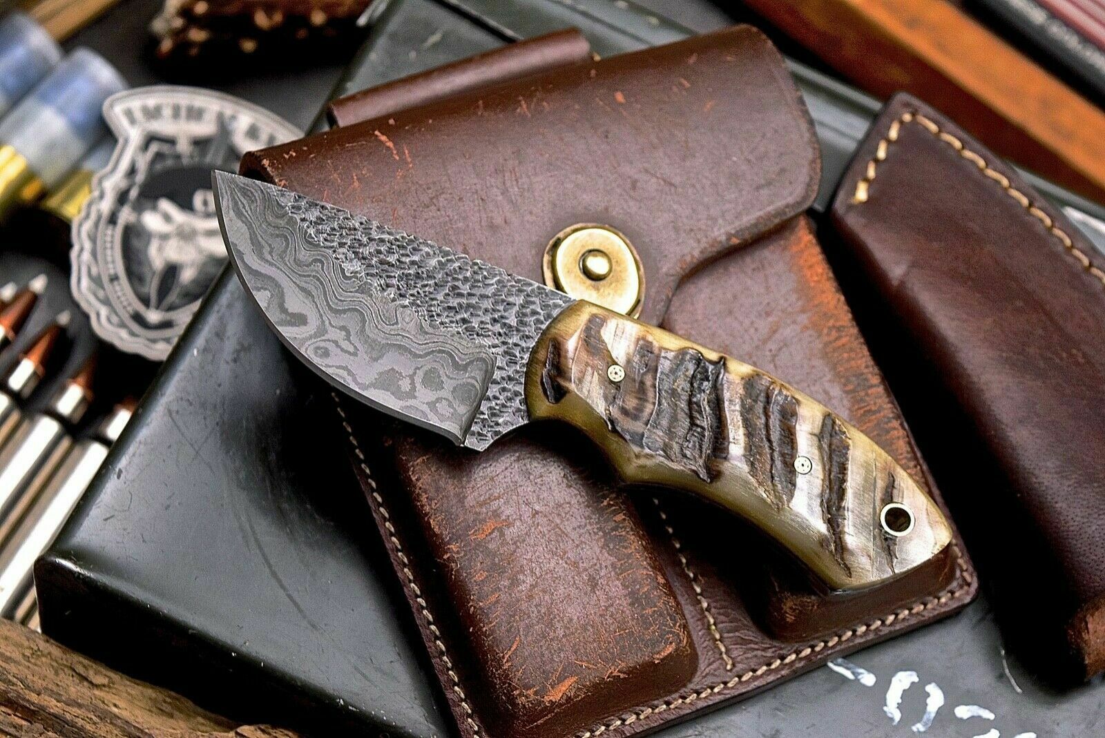 Handmade Twist Damascus Custom Sheep Horn Small Skinning Hunting Knife - SUSA KNIVES