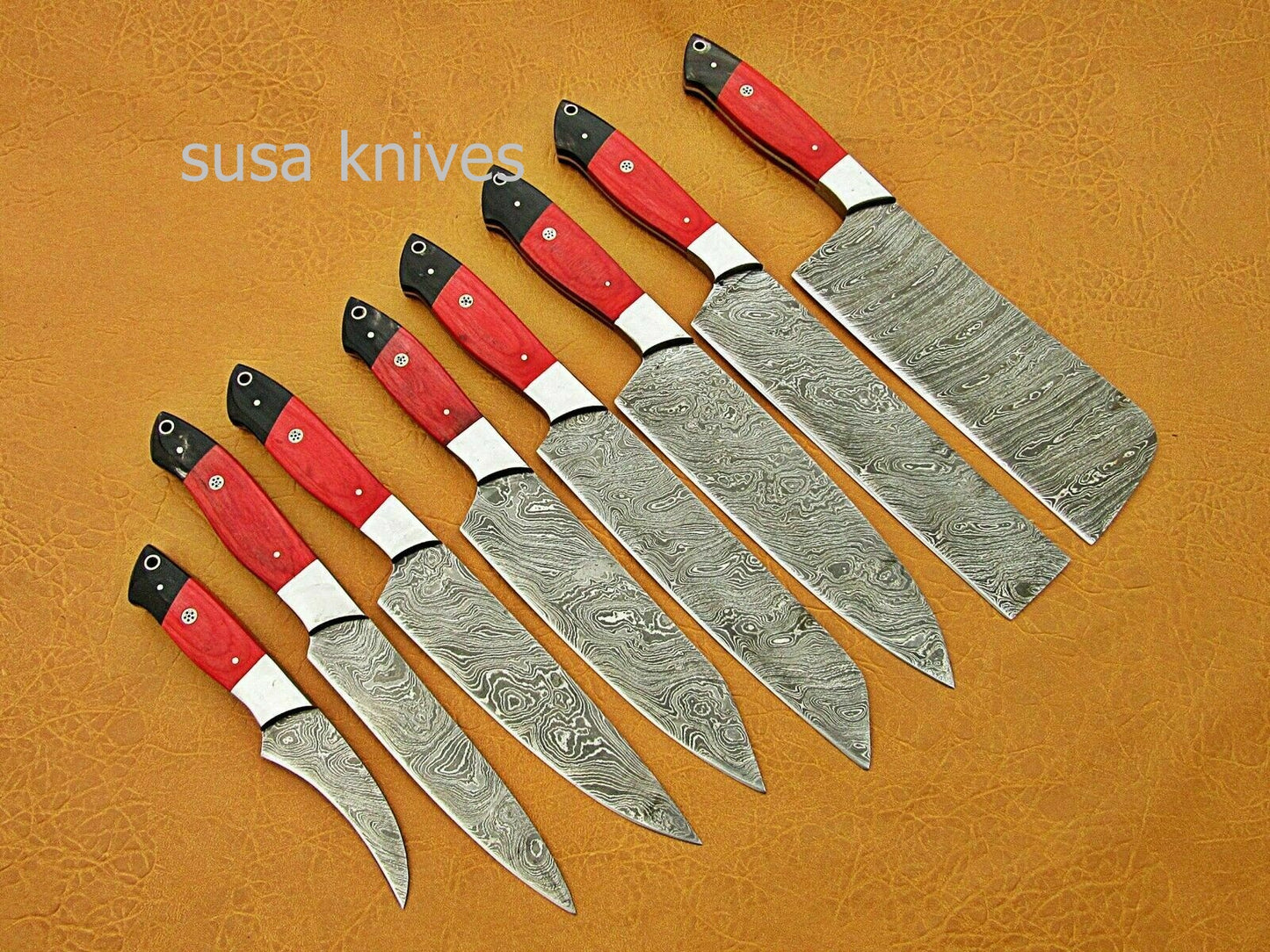 CUSTOM HANDMADE DAMASCUS STEEL CHEF SET/KITCHEN 8 PCS ROSEWOOD ,BUFFALO HORN - SUSA KNIVES