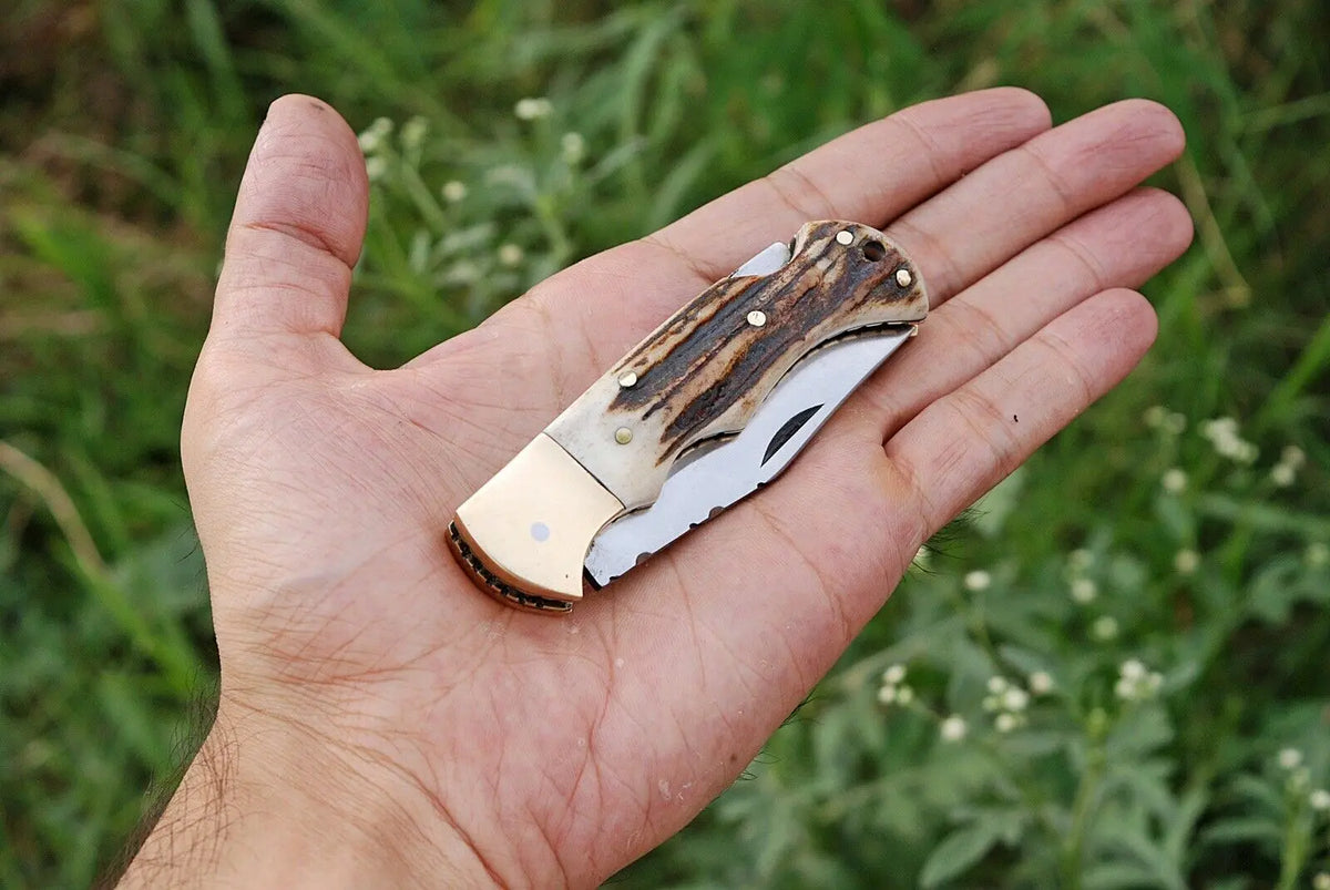 HAND FORGED D2 STEEL BackLock Folding Knife W/Stag & Brass Bolster Handle - SUSA KNIVES