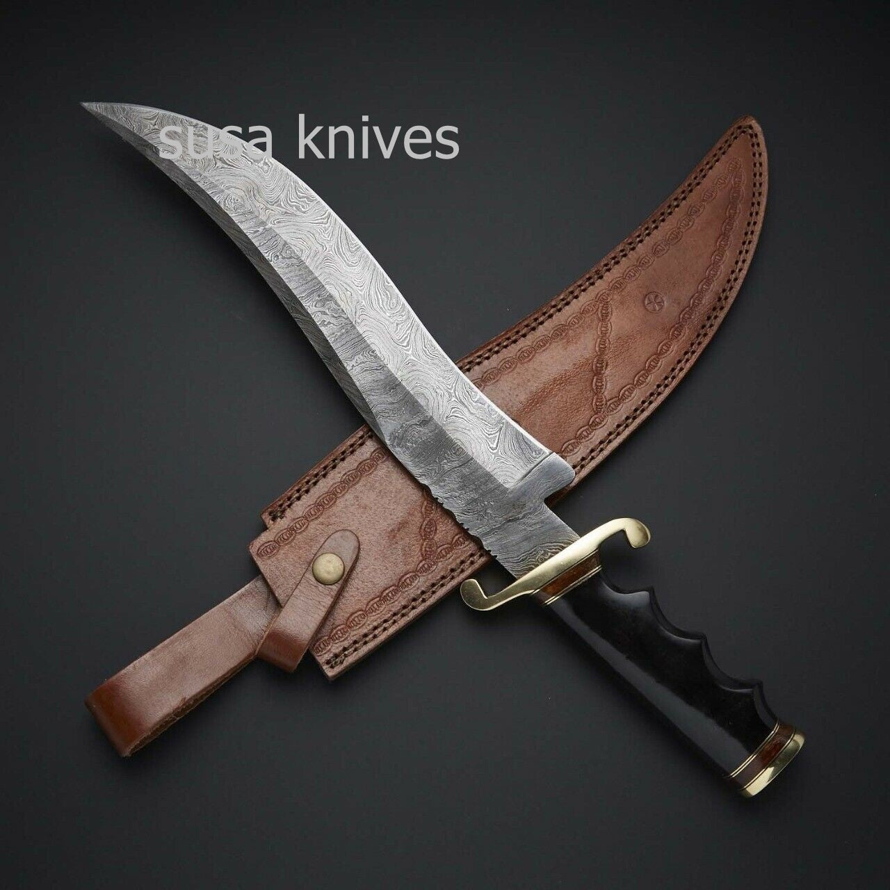 HANDMADE DAMASCUS STEEL BLACK MICARTA WITH LEATHER SHEATH - SUSA KNIVES