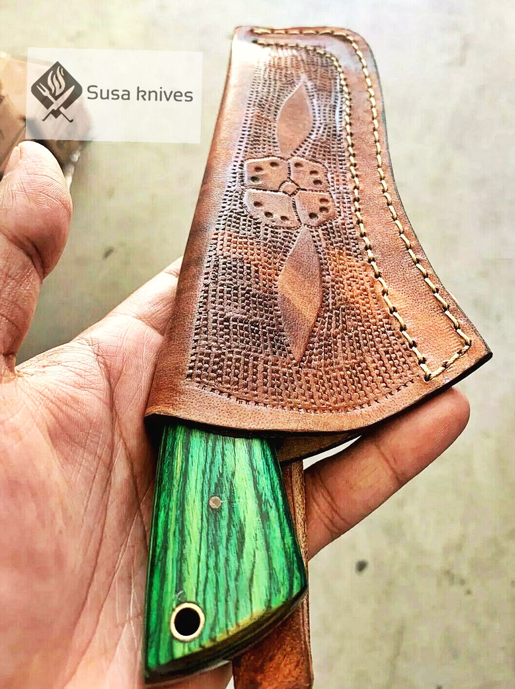 HAND FORGED DAMASCUS STEEL BULL CUTTER/COWBOY KNIFE & PUKKA WOOD HANDLE - SUSA KNIVES