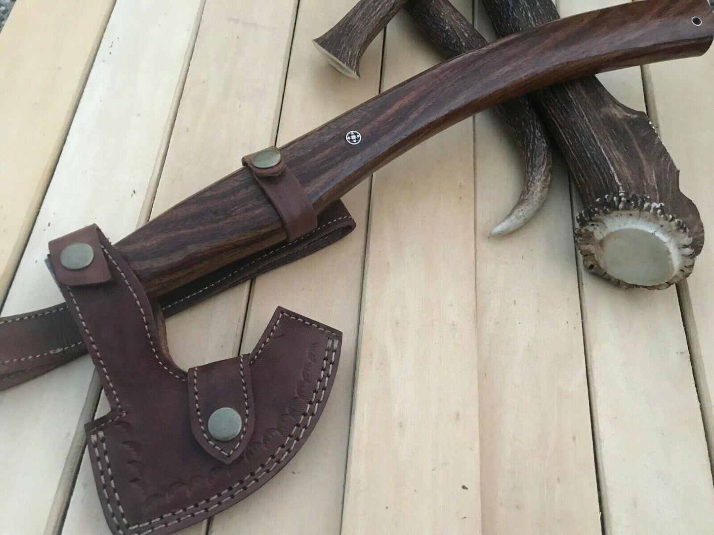 CUSTOM HAND FORGED DAMASCUS STEEL WALNUT WOOD CAMPING TOMAHAWK AXE WITH SHEATH - SUSA KNIVES