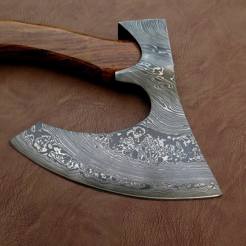 CUSTOM HAND FORGED DAMASCUS STEEL WALNUT WOOD TOMAHAWK AXE WITH LEATHER SHEATH - SUSA KNIVES