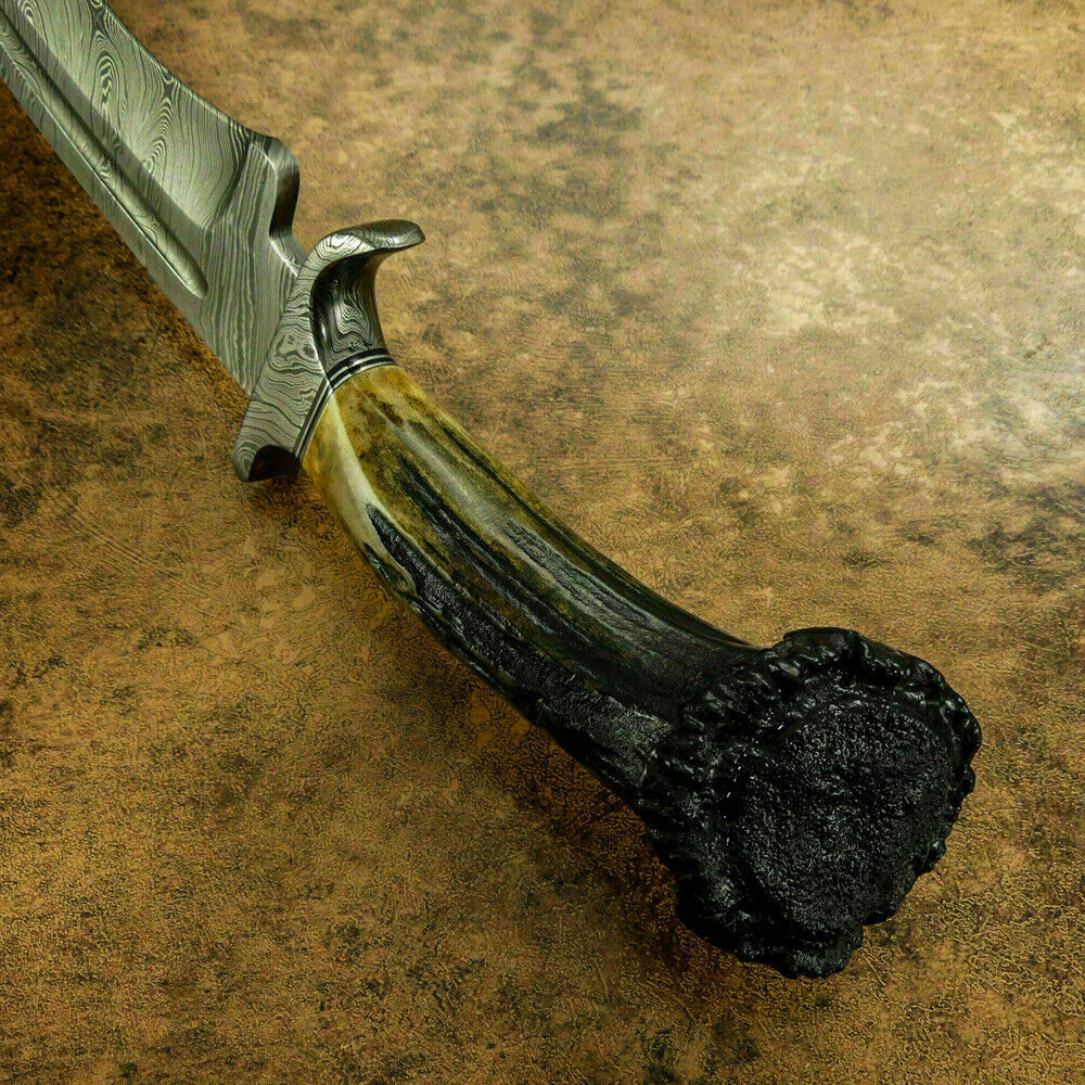 CUSTOM DAMASCUS BOWIE HUNTING KNIFE - STAG CROWN ANTLER - DAMASCUS GUARD - SUSA KNIVES