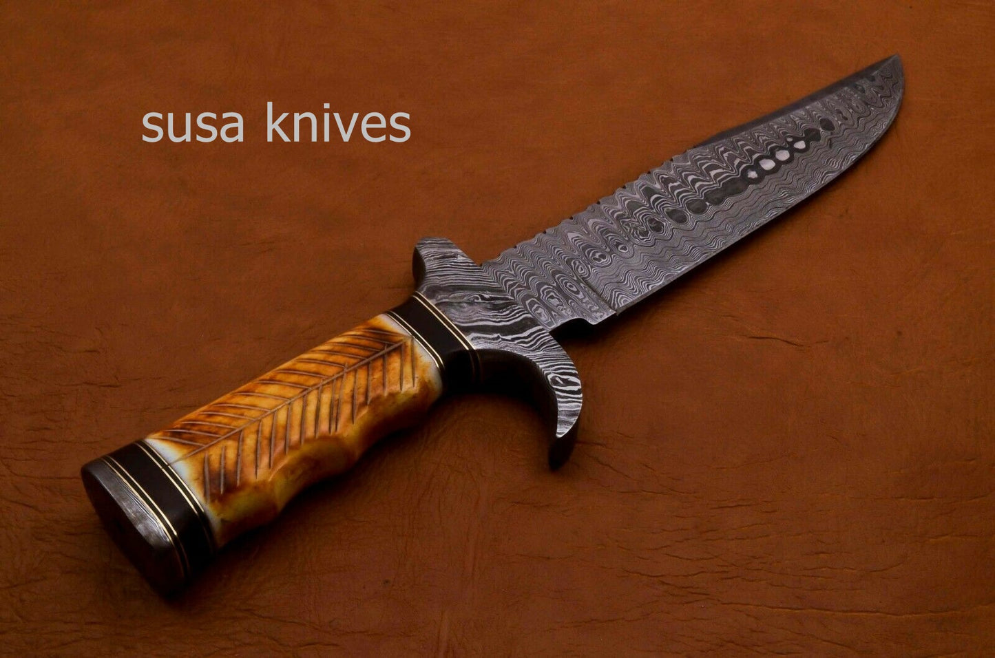 Handmade Damascus Steel Bowie Knive -Cammel Bone & Rose Wood Handle - SUSA KNIVES
