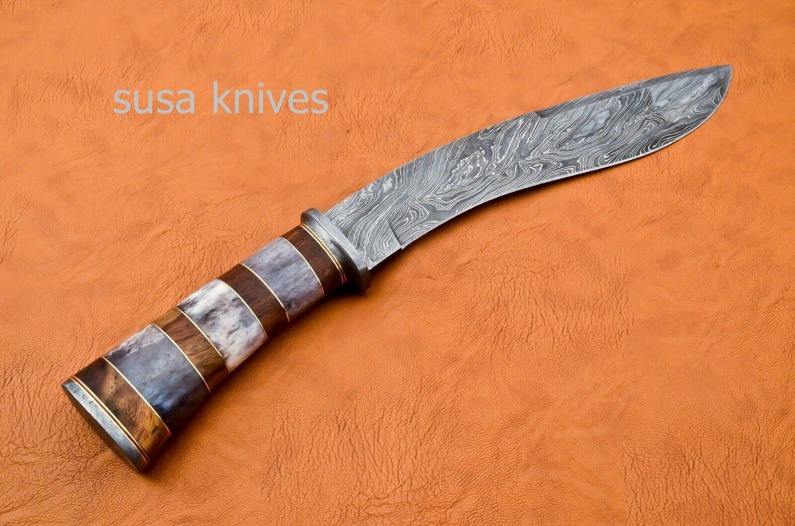 Handmade Damascus Steel Bowie Knive - Cammel Bone & Rose Wood Handle - SUSA KNIVES