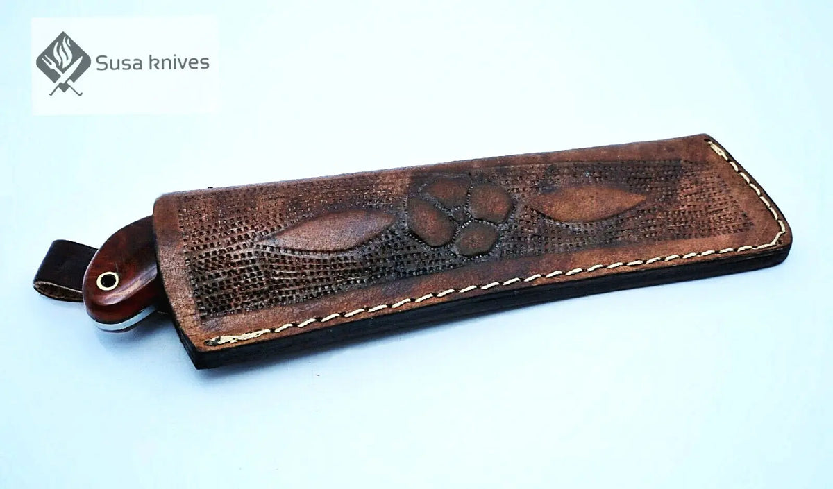 HAND FORGED DAMASCUS STEEL BULL CUTTER/COWBOY KNIFE & RISEN HANDLE - SUSA KNIVES