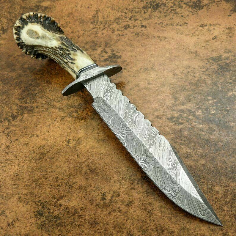CUSTOM DAMASCUS BOWIE HUNTING KNIFE - DAMASCUS GUARD - STAG CROWN ANTLER HANDLE - SUSA KNIVES