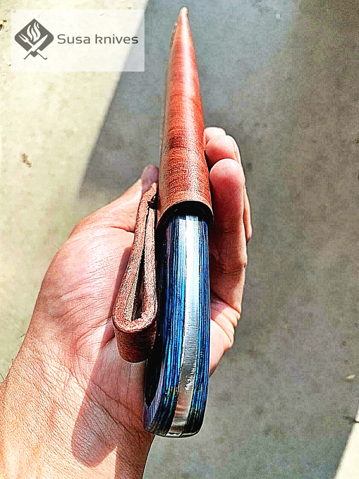 HAND FORGED DAMASCUS STEEL BULL CUTTER/COWBOY KNIFE & PUKKA WOOD HANDLE - SUSA KNIVES