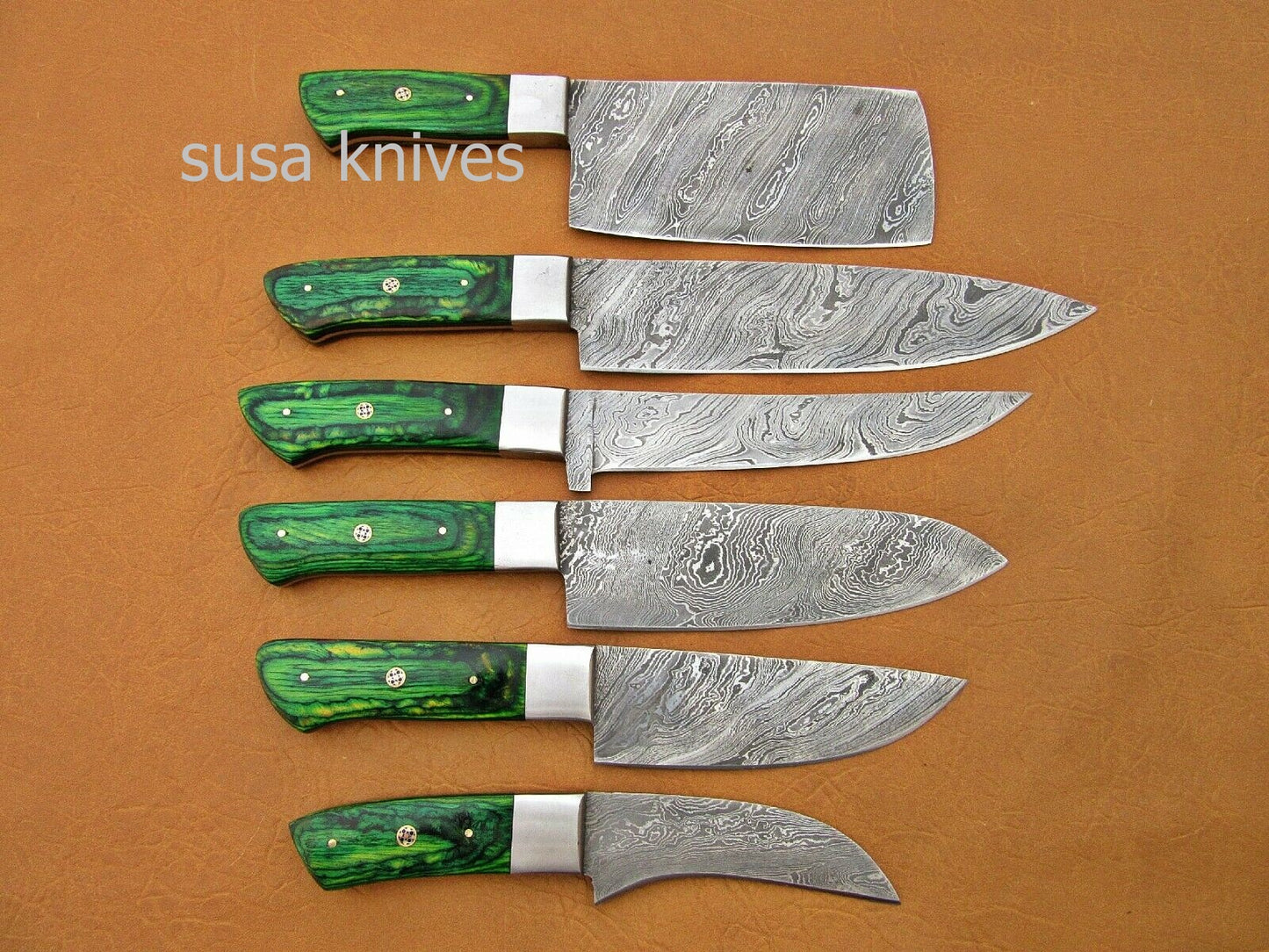 CUSTOM HANDMADE DAMASCUS STEEL CHEF SET/KITCHEN KNIVES 6 PCS ,GREEN MICARTA - SUSA KNIVES