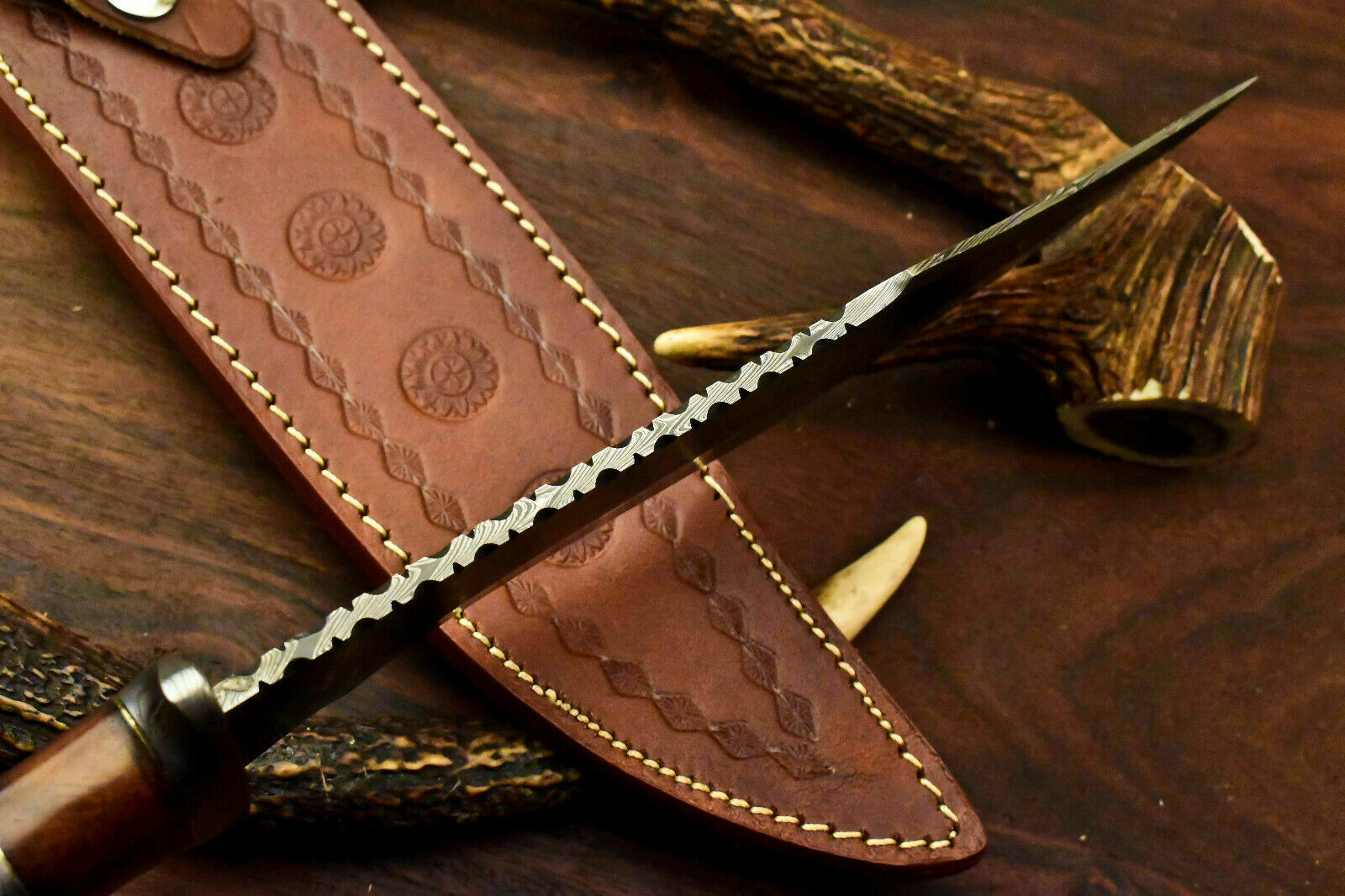 Custom Handmade Damascus Steel Bowie Knife | Sheath | Natural Rose Wood Handle - SUSA KNIVES