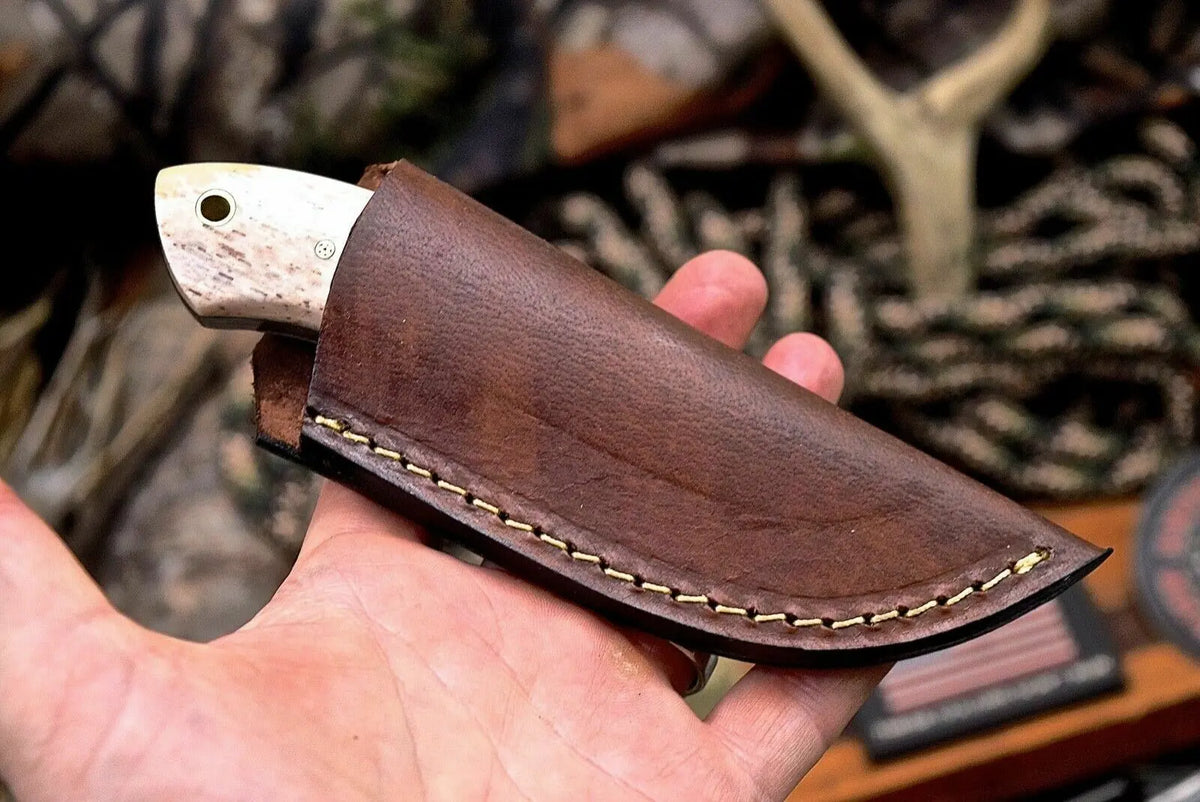 Handmade Raindrop Damascus Custom Camel Bone Small Skinning Utility Knife - SUSA KNIVES