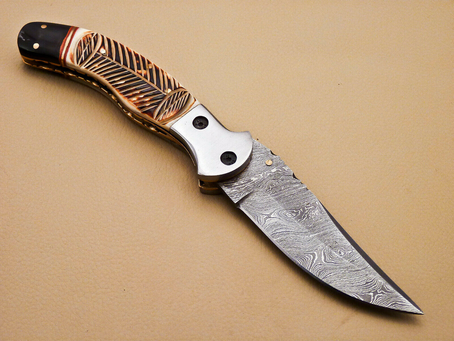 Beautiful Custom Damascus Steel Folding Handmade Knive Engraved Burn Camel Bone - SUSA KNIVES