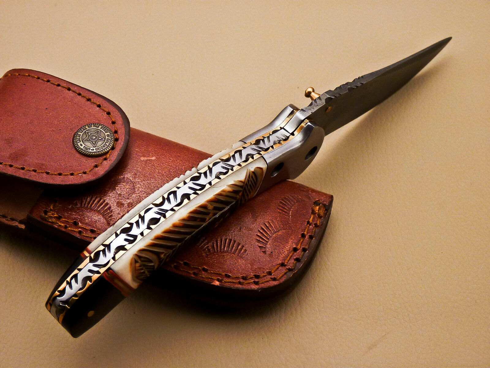 Beautiful Custom Damascus Steel Folding Handmade Knive Engraved Burn Camel Bone - SUSA KNIVES