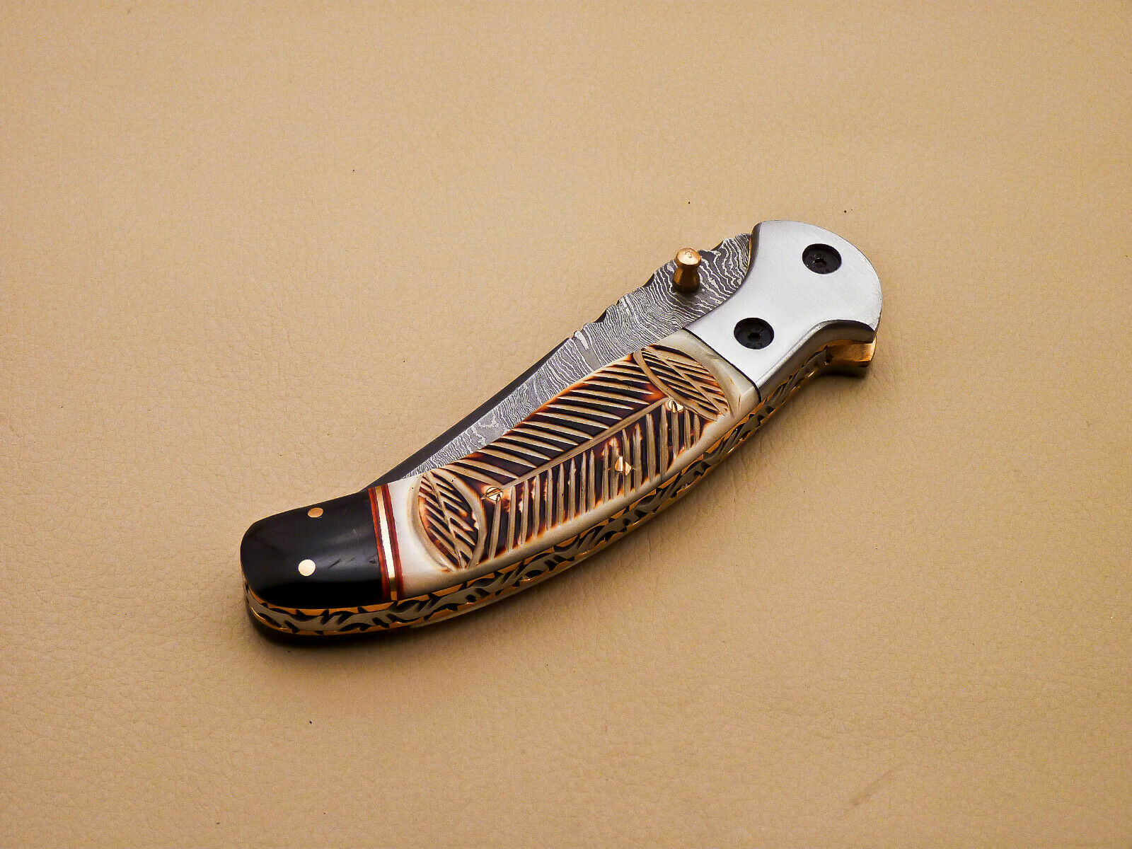 Beautiful Custom Damascus Steel Folding Handmade Knive Engraved Burn Camel Bone - SUSA KNIVES