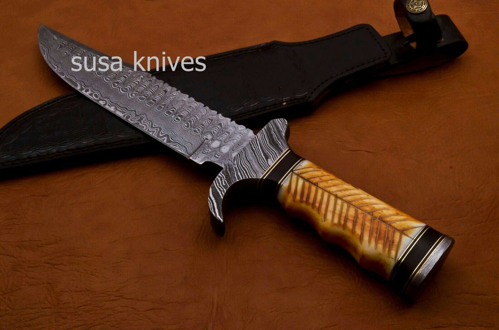 Handmade Damascus Steel Bowie Knive -Cammel Bone & Rose Wood Handle - SUSA KNIVES