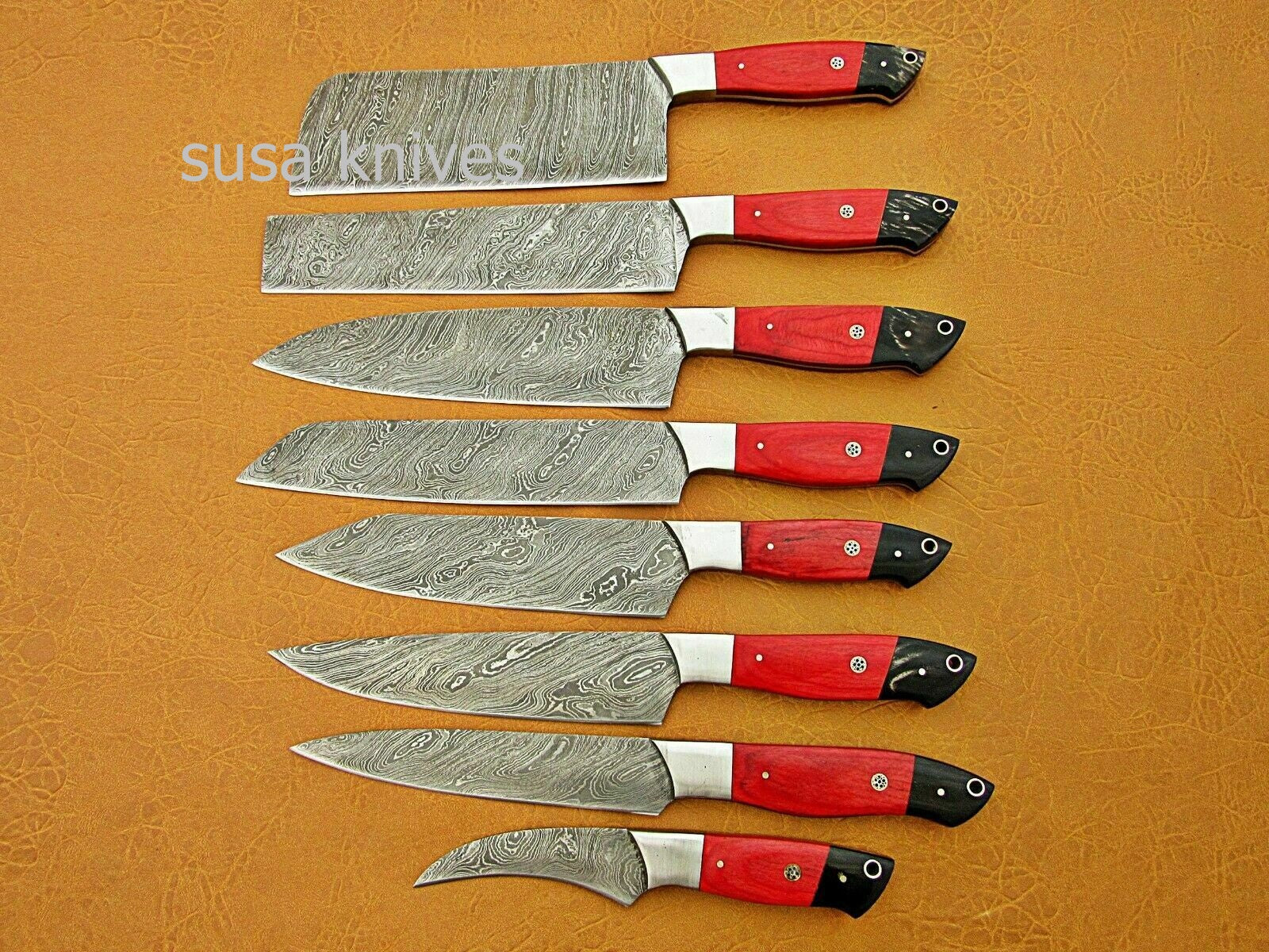 CUSTOM HANDMADE DAMASCUS STEEL CHEF SET/KITCHEN 8 PCS ROSEWOOD ,BUFFALO HORN - SUSA KNIVES