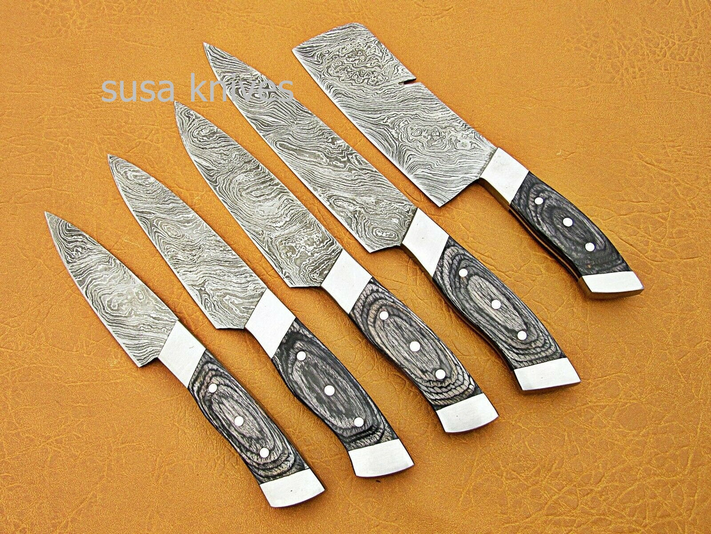 CUSTOM HANDMADE DAMASCUS STEEL CHEF SET/KITCHEN KNIVES 5 PCSC BLACK MICARTA - SUSA KNIVES
