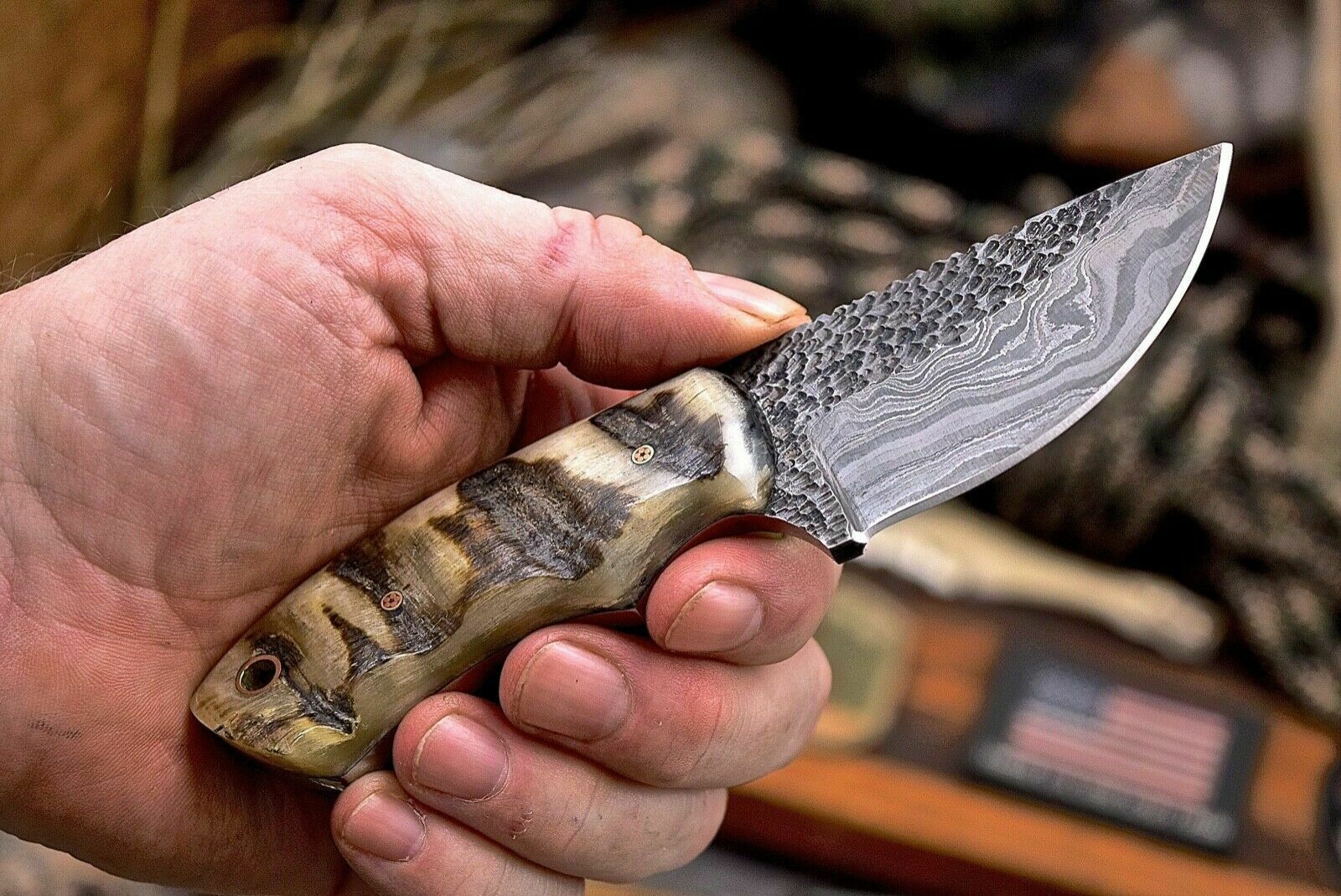 Handmade Twist Damascus Custom Sheep Horn Small Skinning Hunting Knife - SUSA KNIVES