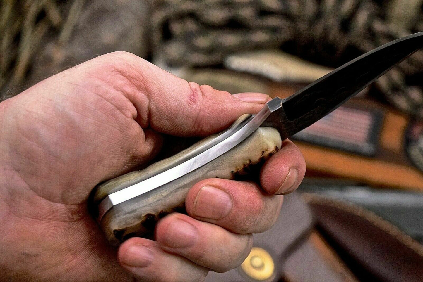 Handmade Raindrop Damascus Custom Sheep Horn Small Skinning Hunting Knife - SUSA KNIVES