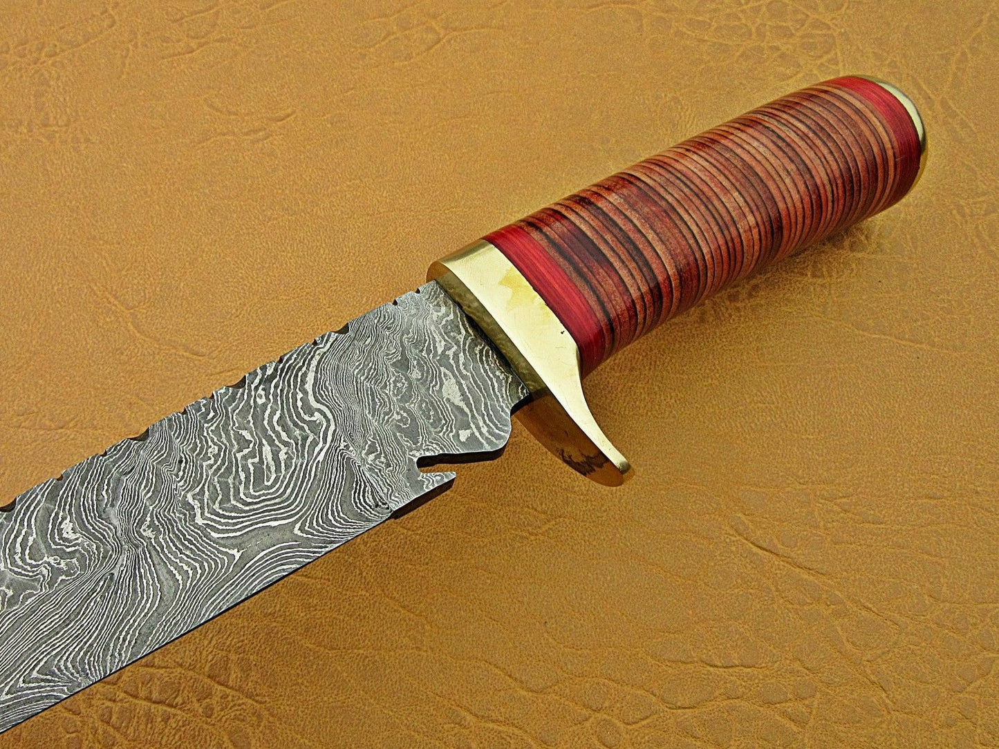 Custom Handmade Damascus Steel Hunting knife with Sheath" Leather Roll Handle - SUSA KNIVES
