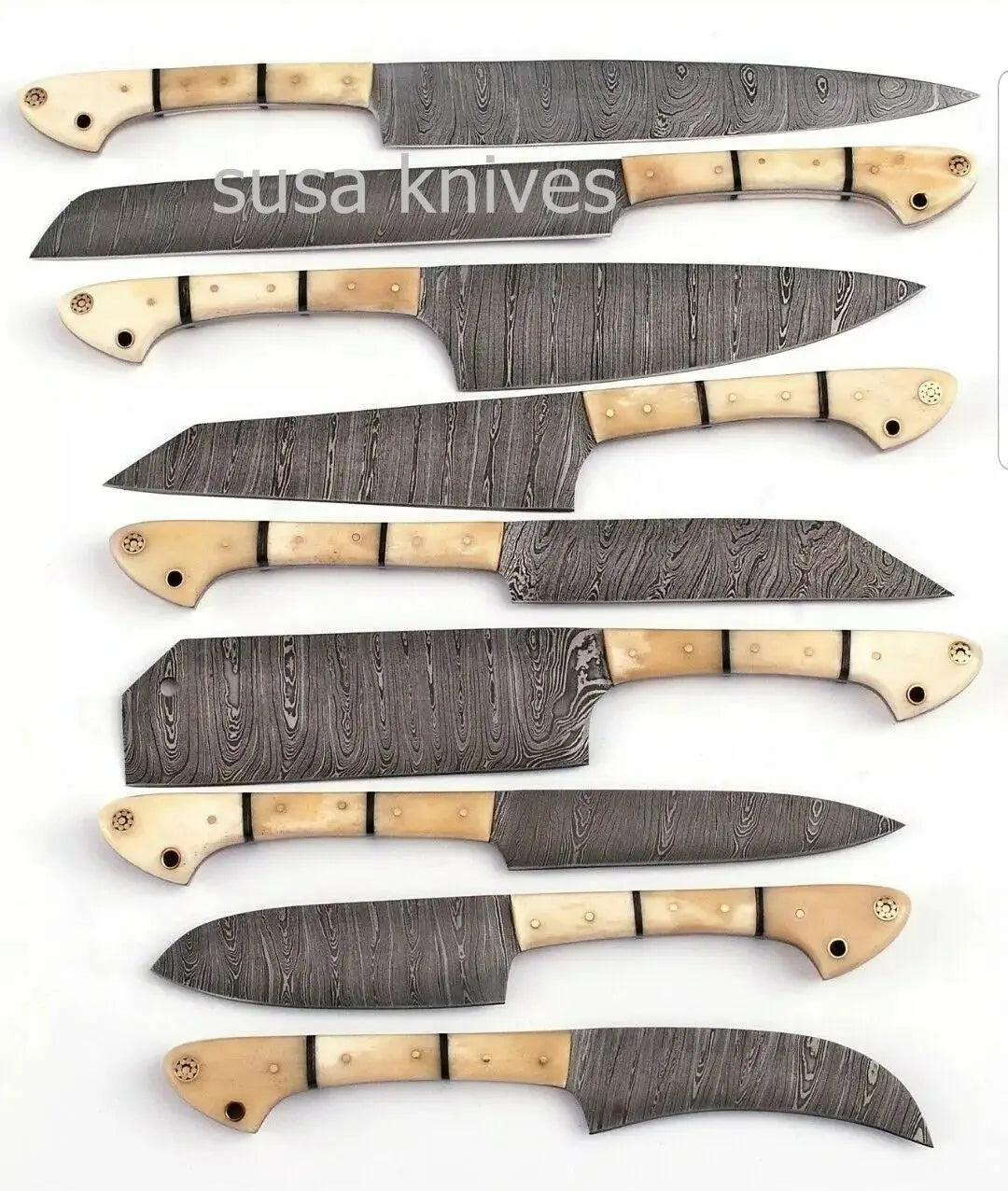 Custom Made Damascus steel 9-piece kitchen knife set with bone handles and patterned blades