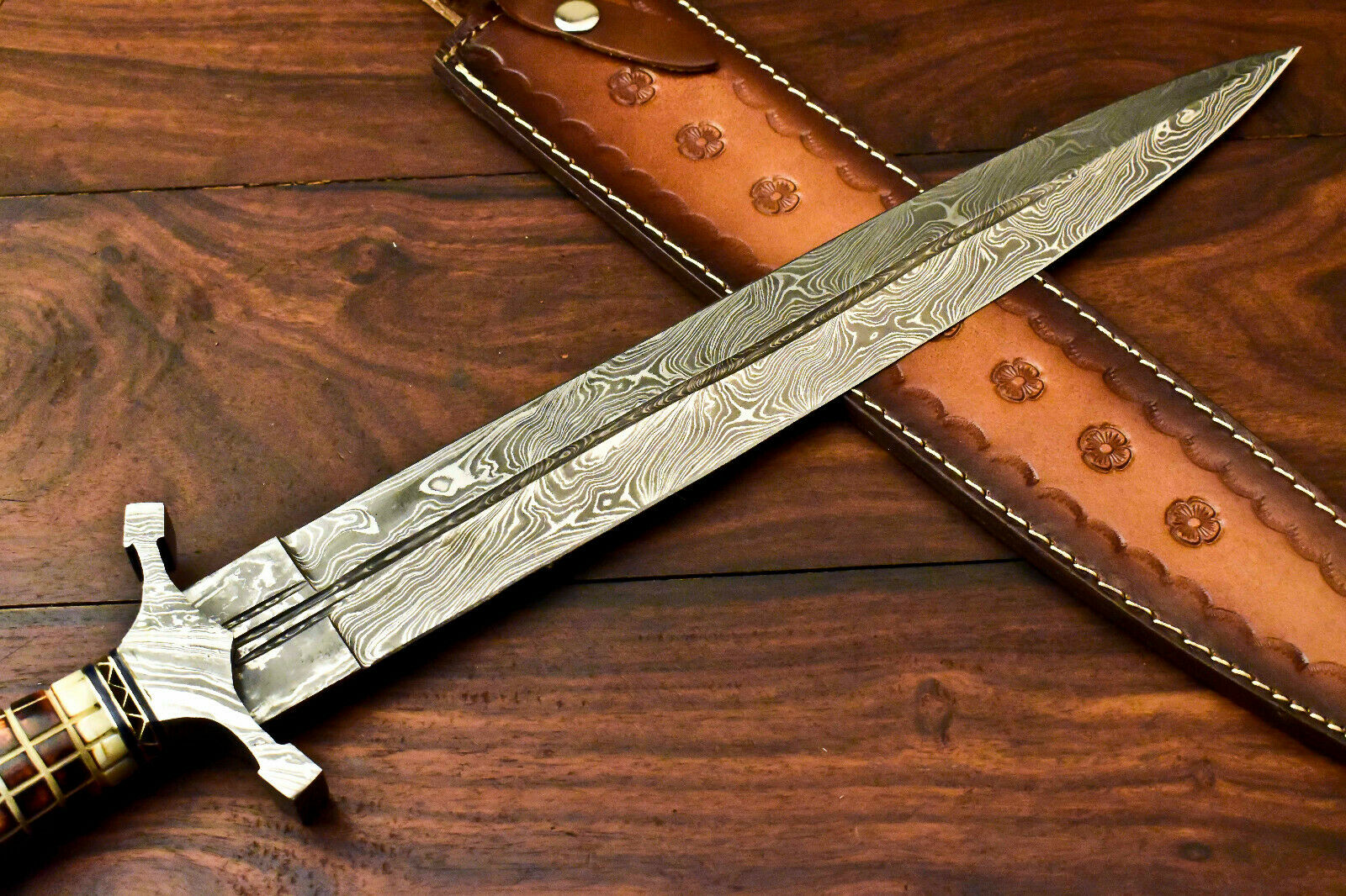 Custom Handmade Damascus Sword Dagger Double Edge Knife - SUSA KNIVES