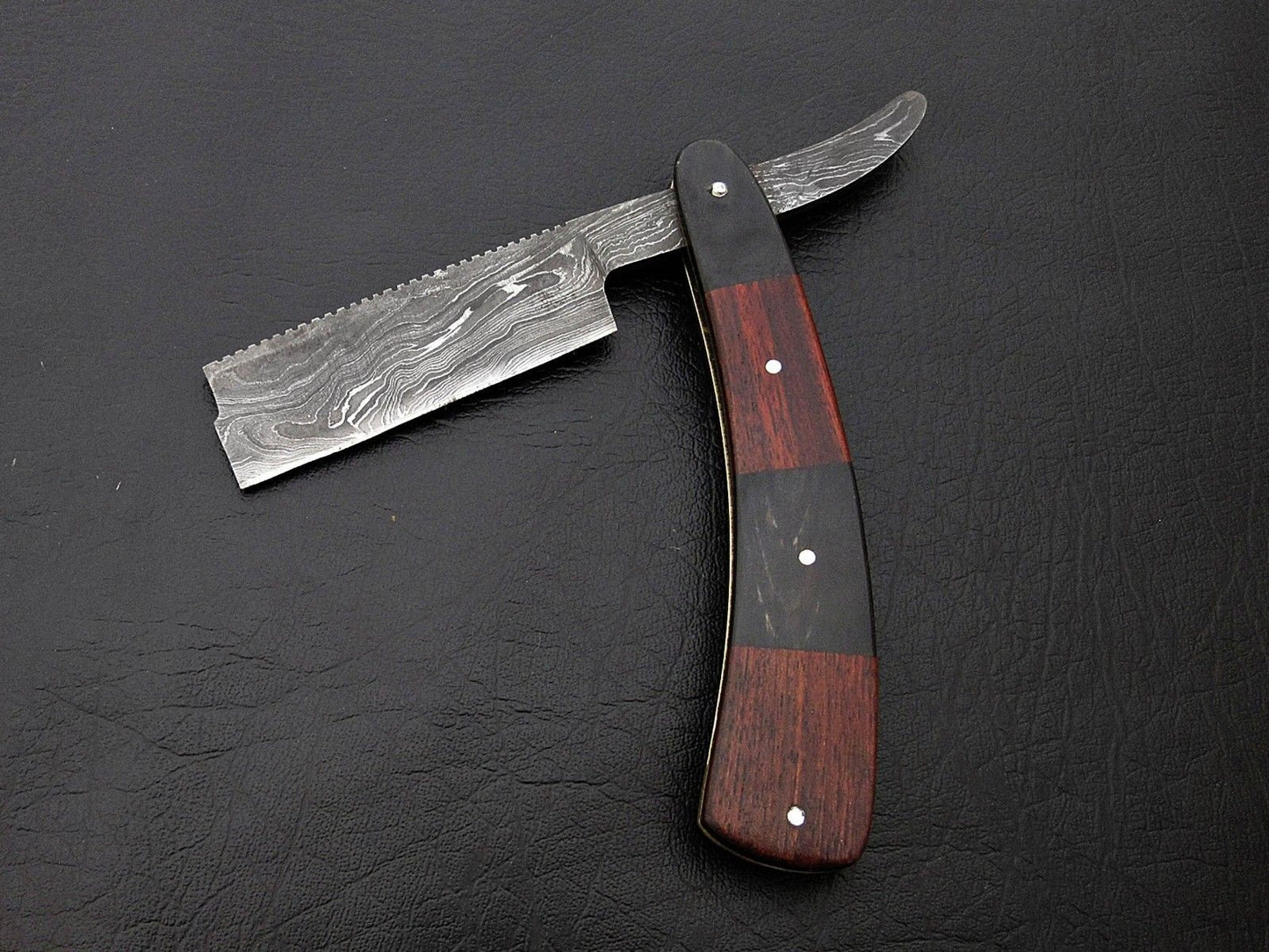 BEAUTIFUL CUSTOM HANDMADE DAMASCUS SHAVING RAZOR HANDLE ROSE WOOD & BULL HORN - SUSA KNIVES