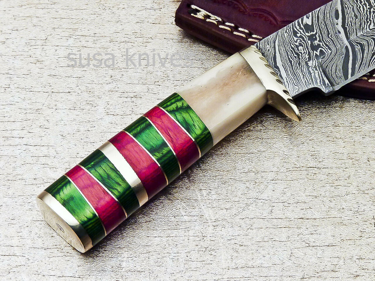 HANDMADE DAMASCUS 8.0" HUNTING KNIFE WITH CAMEL BONE HANDLE - SUSA KNIVES