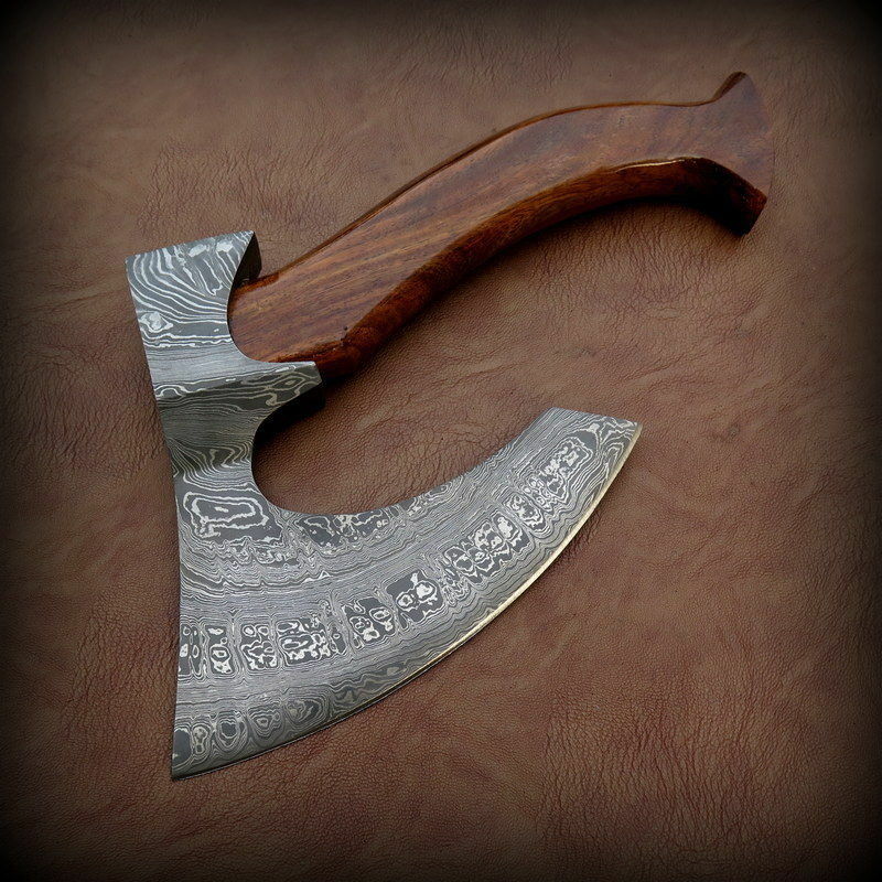 CUSTOM HAND FORGED DAMASCUS STEEL WALNUT WOOD TOMAHAWK AXE WITH LEATHER SHEATH - SUSA KNIVES