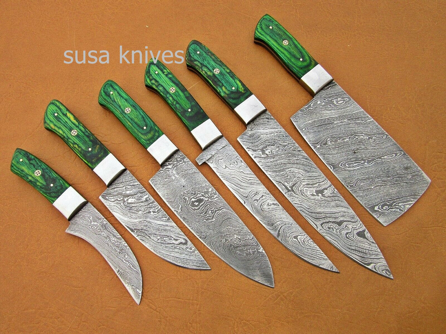CUSTOM HANDMADE DAMASCUS STEEL CHEF SET/KITCHEN KNIVES 6 PCS ,GREEN MICARTA - SUSA KNIVES