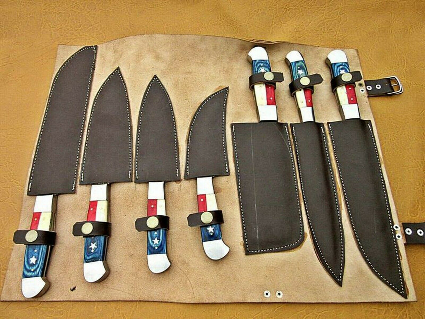 Set Of 7 Beautiful Handmade Damascus Steel Chef Knives With Leather Bag - SUSA KNIVES