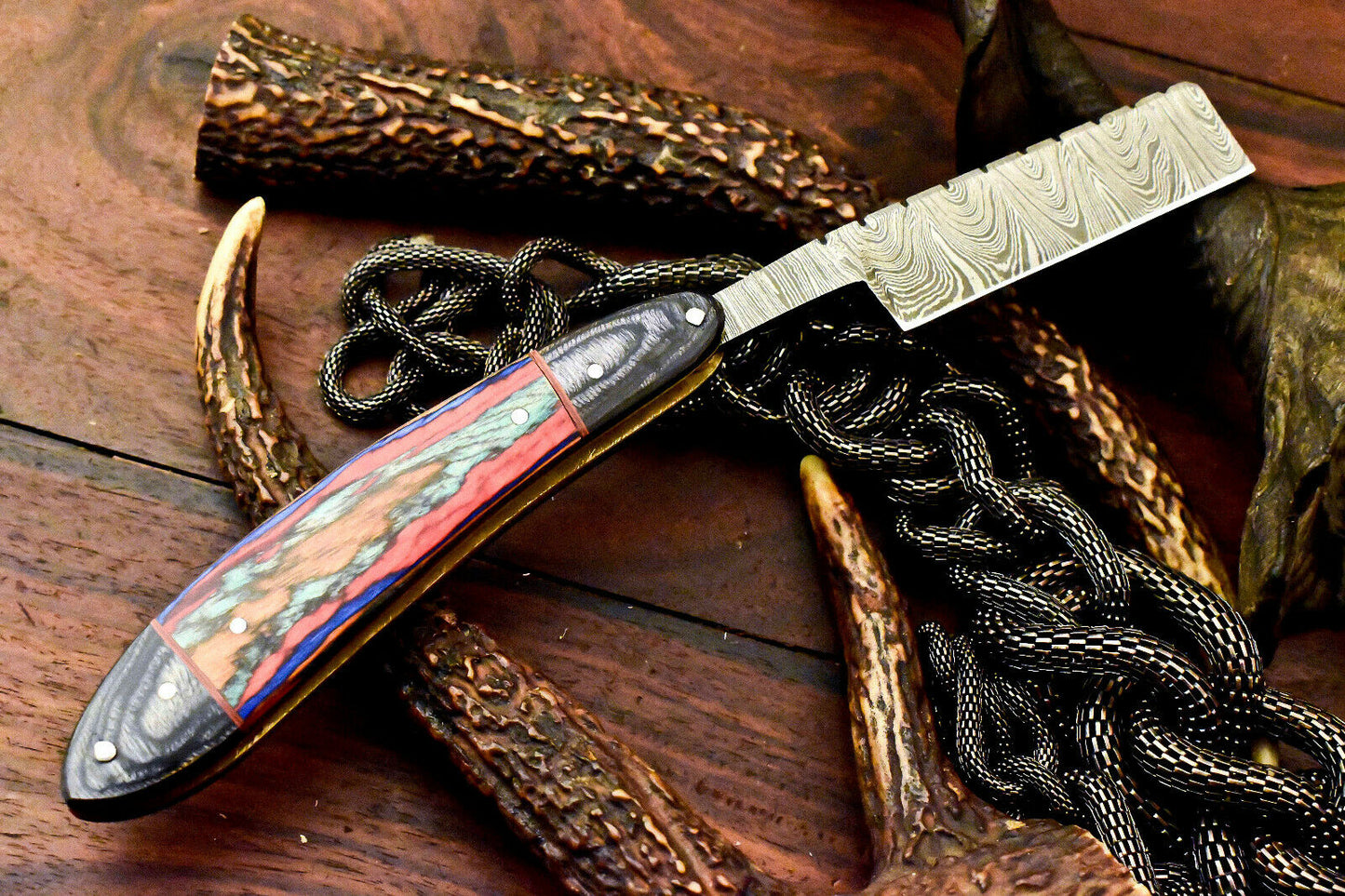 Custom Handmade Damascus Steel Blade Barber Folding Razor | Hard Wood - SUSA KNIVES