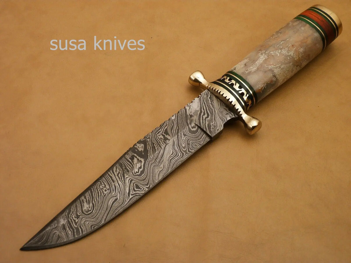 Custom Handmade Damascus Steel Hunting Bowie Knife with Colored Bone - SUSA KNIVES