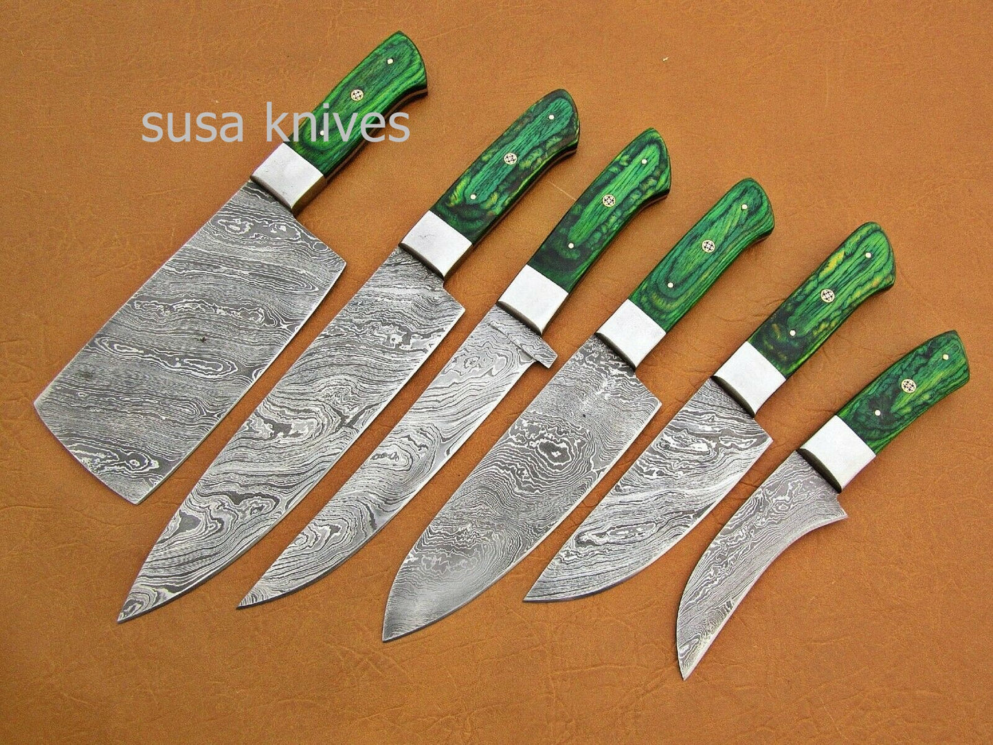CUSTOM HANDMADE DAMASCUS STEEL CHEF SET/KITCHEN KNIVES 6 PCS ,GREEN MICARTA - SUSA KNIVES