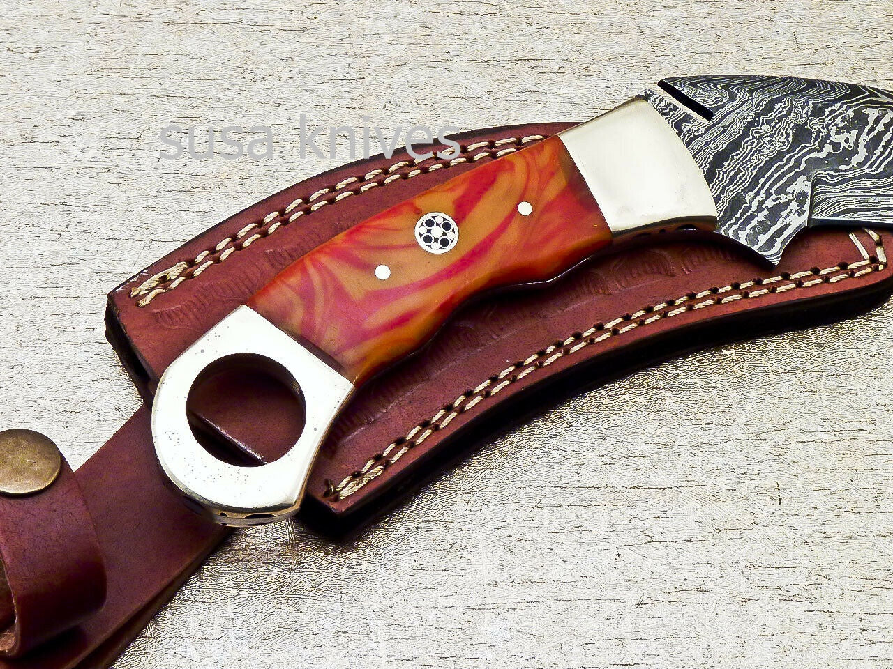 SUPERB CUSTOM HAND FORGED DAMASCUS STEEL KARAMBIT KNIFE CORIAN MATERIAL - SUSA KNIVES