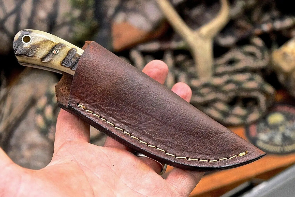 Handmade Raindrop Damascus Custom Sheep Horn Small Skinning Hunting Knife - SUSA KNIVES