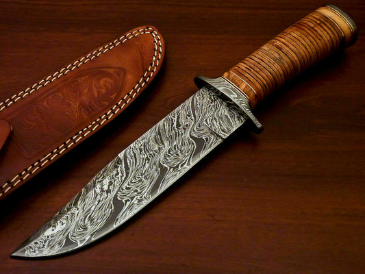 Amazing Custom Handmade Damascus Steel Hunting Knife |Sheath Leather Roll Handle - SUSA KNIVES