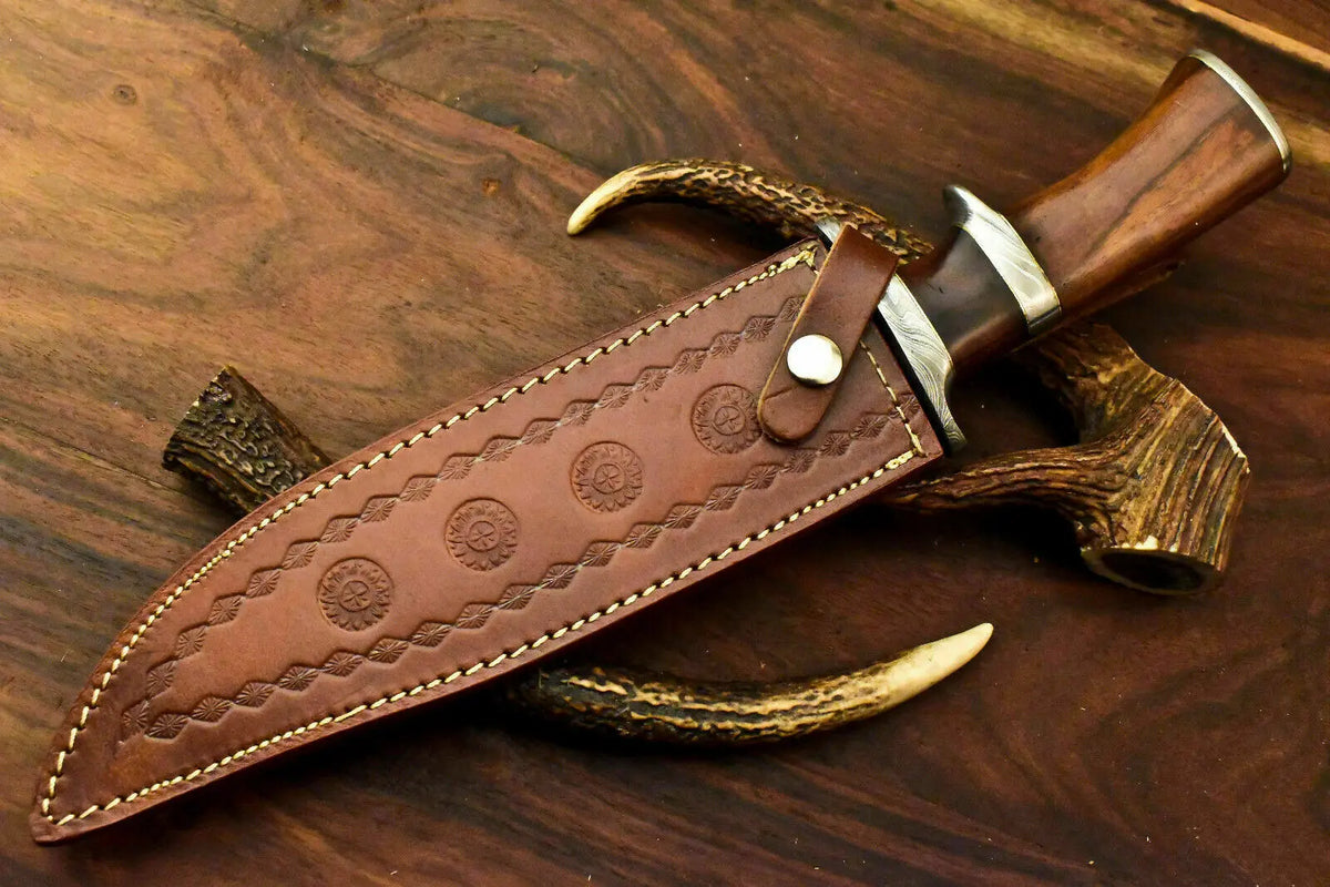 Custom Handmade Damascus Steel Bowie Knife | Sheath | Natural Rose Wood Handle - SUSA KNIVES