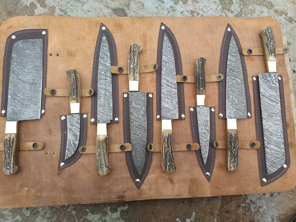 Damascus Steel Antler Horn Grip Chef Kitchen Knives Professional Set of 8 Knives - SUSA KNIVES