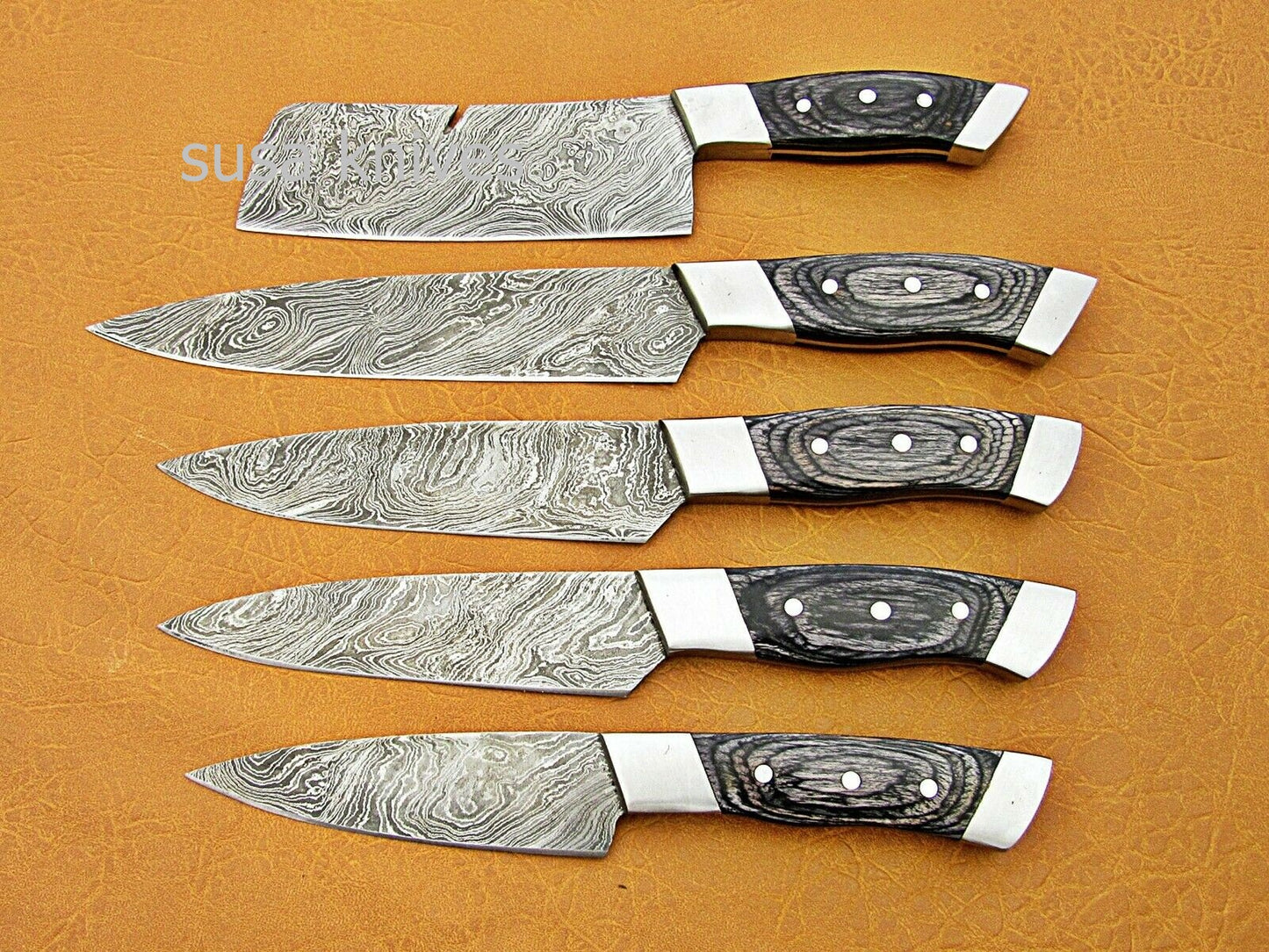 CUSTOM HANDMADE DAMASCUS STEEL CHEF SET/KITCHEN KNIVES 5 PCSC BLACK MICARTA - SUSA KNIVES