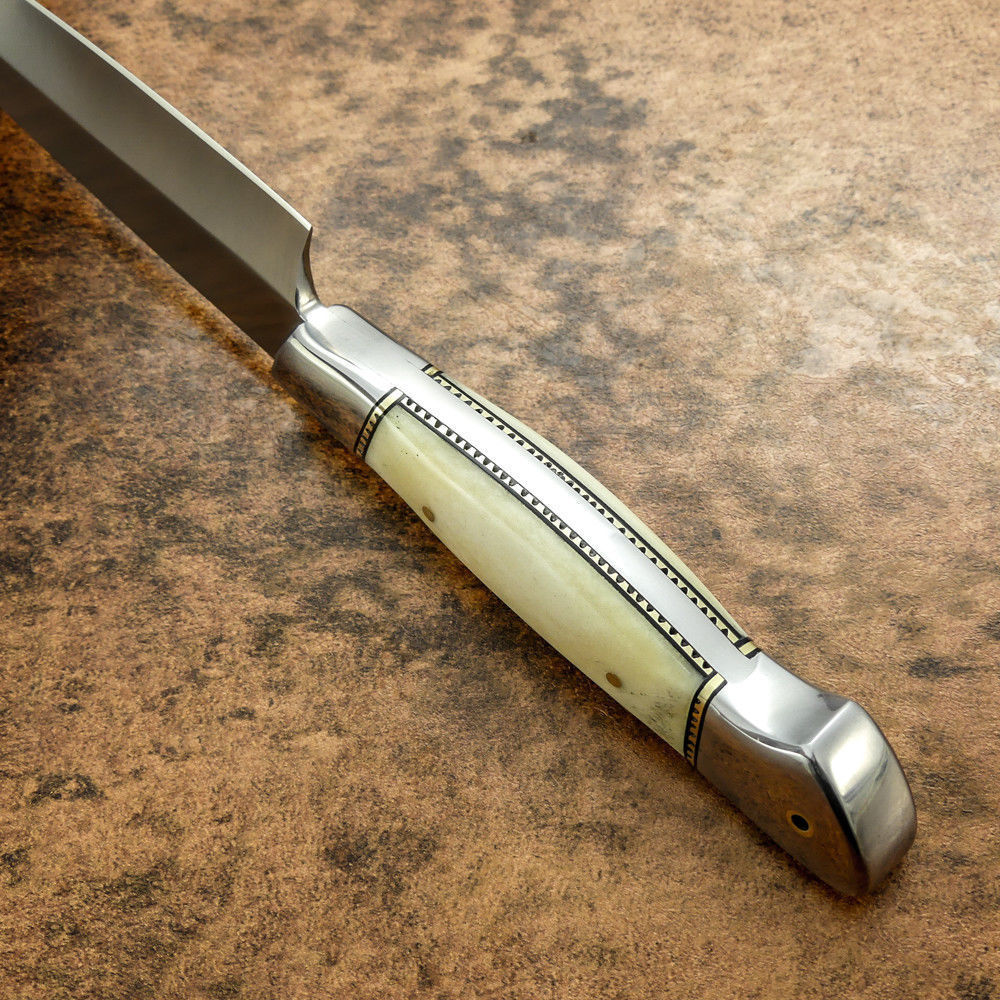 CUSTOM HANDMADE CHEF KITCHEN KNIFE D2 STEEL BEAUTIFUL CAMEL BONE -LEATHER SHEATH - SUSA KNIVES