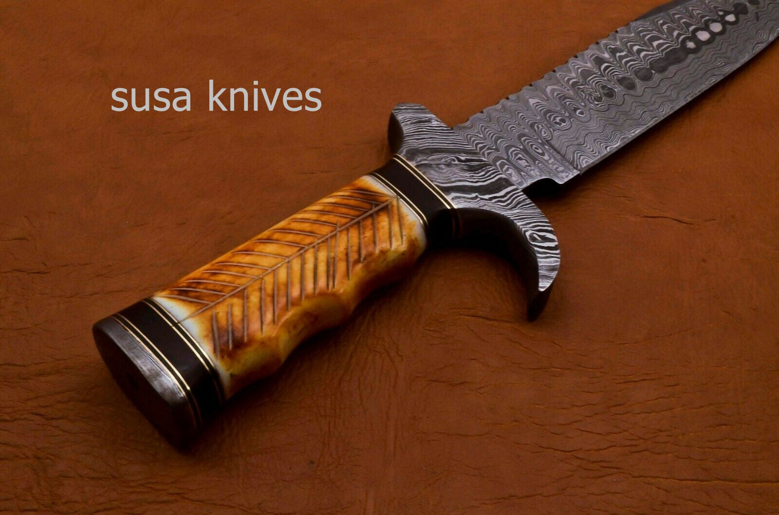 Handmade Damascus Steel Bowie Knive -Cammel Bone & Rose Wood Handle - SUSA KNIVES