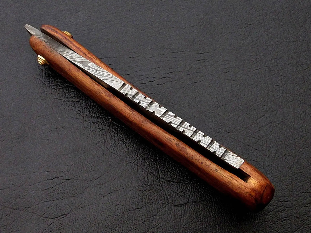 CUSTOM HANDMADE DAMASCUS STEEL BARBER FOLDING RAZOR ROSE WOOD HANDLE WITH POUCH - SUSA KNIVES