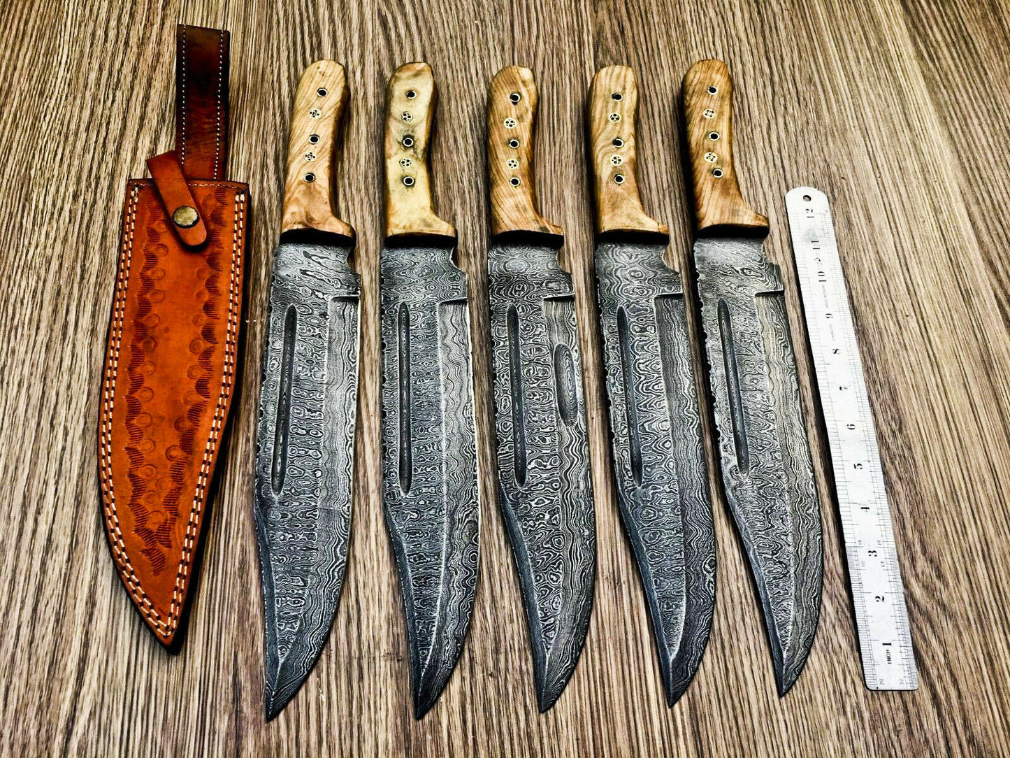 Lot of 5 Handmade Damascus Steel Bowie Knives & Sheaths | Olive Wood Handle - SUSA KNIVES