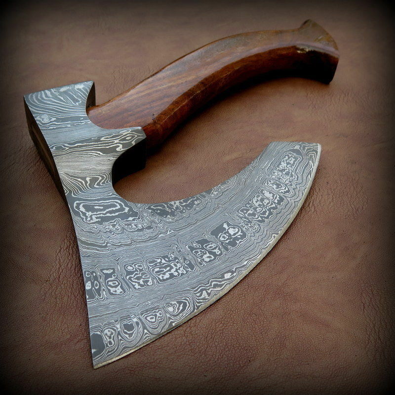 CUSTOM HAND FORGED DAMASCUS STEEL WALNUT WOOD TOMAHAWK AXE WITH LEATHER SHEATH - SUSA KNIVES