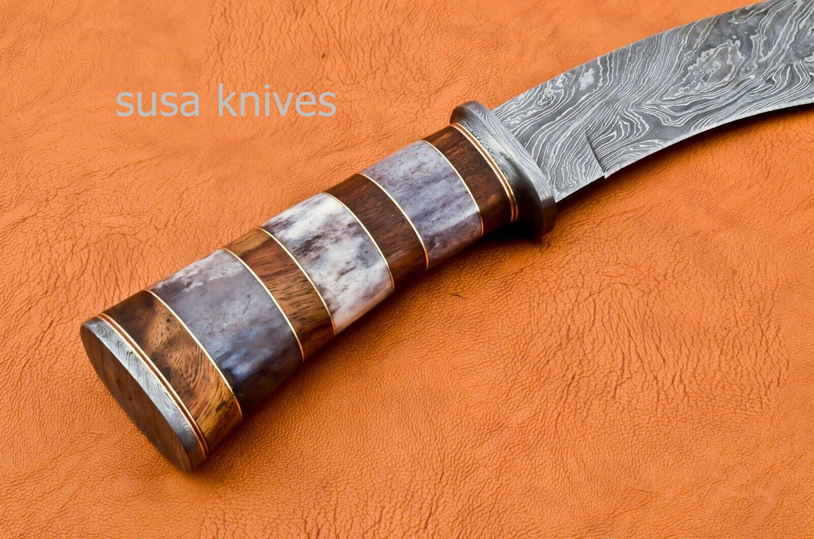 Handmade Damascus Steel Bowie Knive - Cammel Bone & Rose Wood Handle - SUSA KNIVES